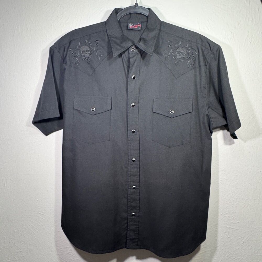 Rock Steady Men’s Western Skulls & Roses Shirt Black Short Sleeve Small
